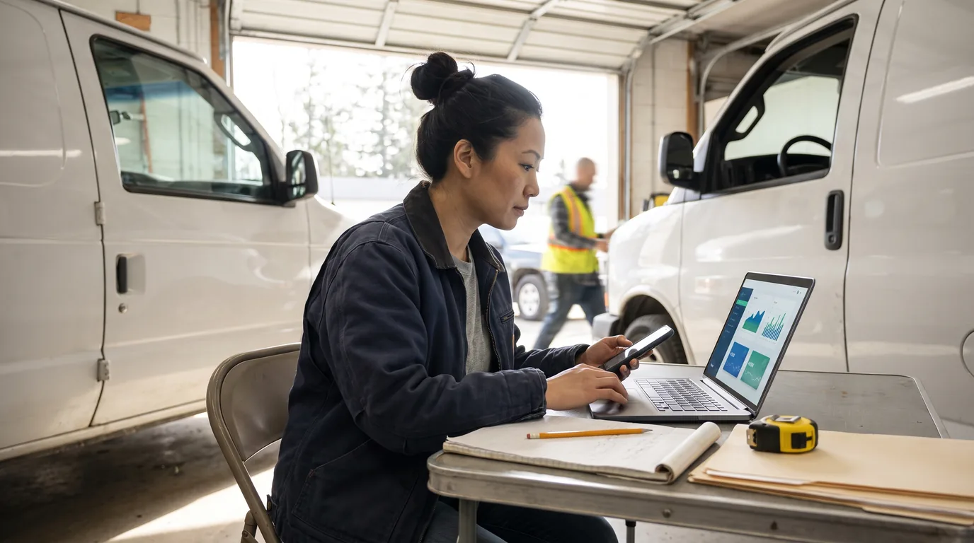 Contractor comparing local lead channels on a laptop beside a service vehicle