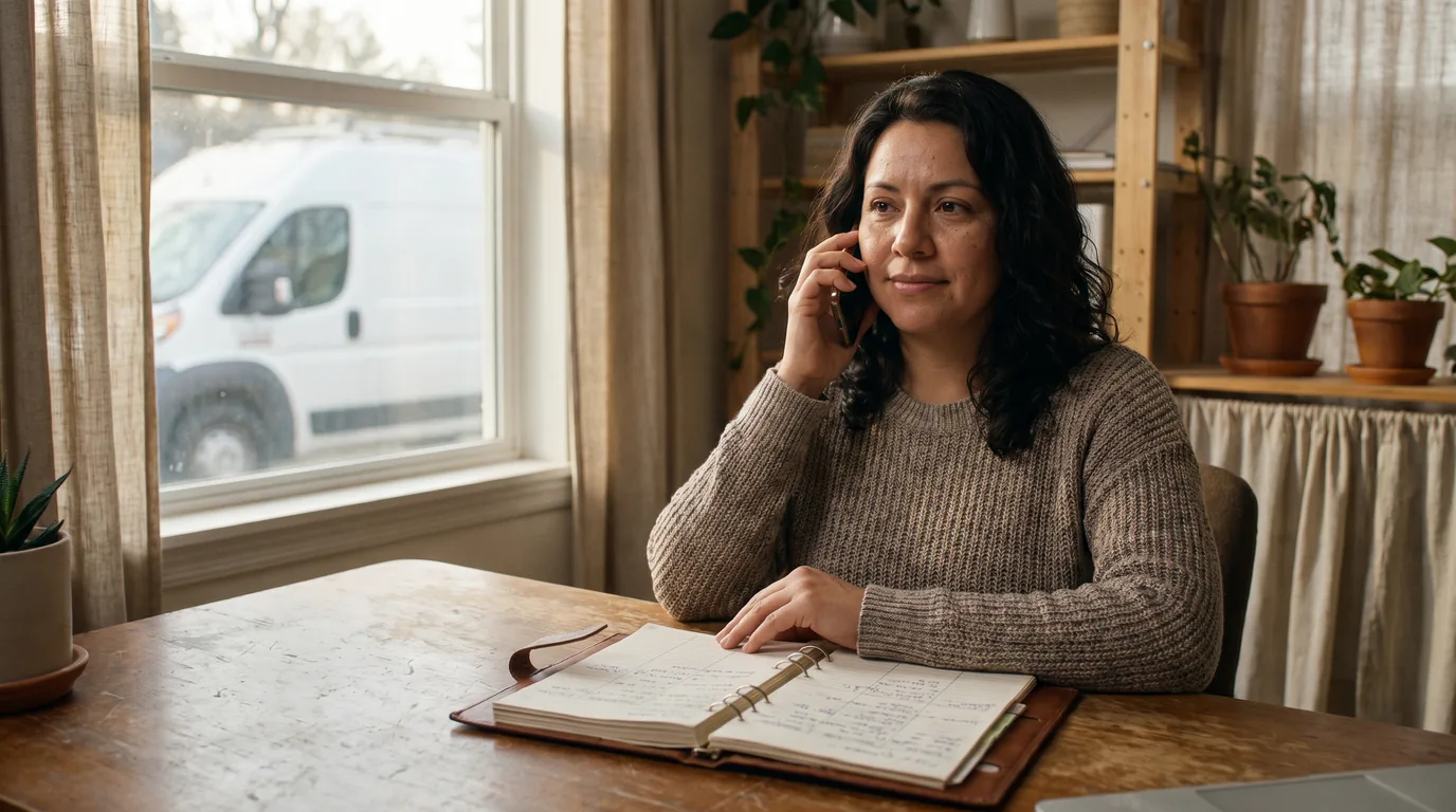 Home-service office coordinator confirming an appointment by phone beside a paper appointment book
