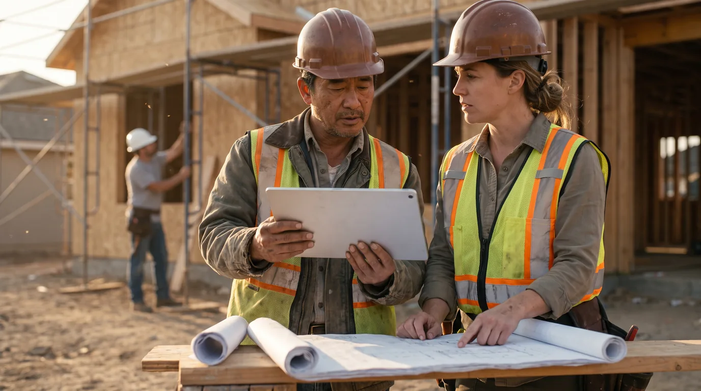 Construction business owner and superintendent reviewing project CRM information on a tablet at a jobsite