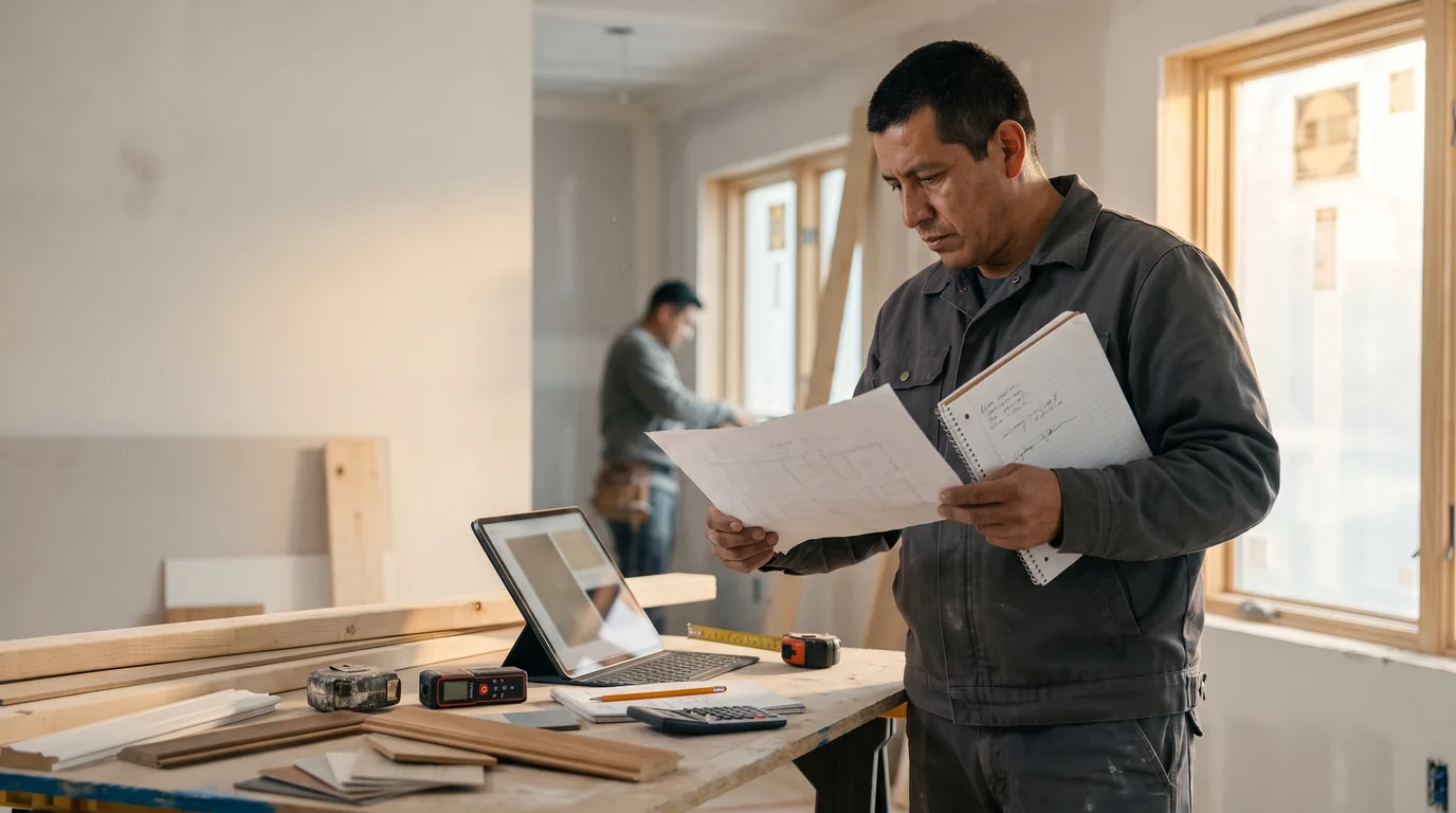 Small contractor reviewing project measurements and a digital estimate at a residential renovation site