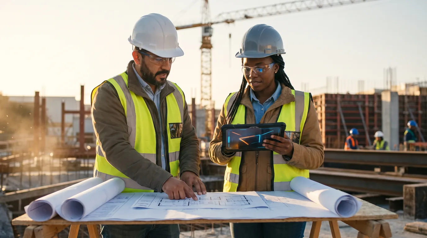 Construction superintendent and project engineer reviewing plans and project information at an active jobsite