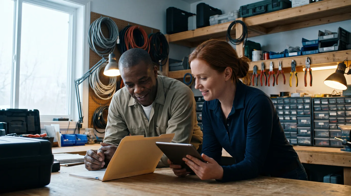 Electrical contractor and office manager reviewing a job folder and tablet in an organized service shop