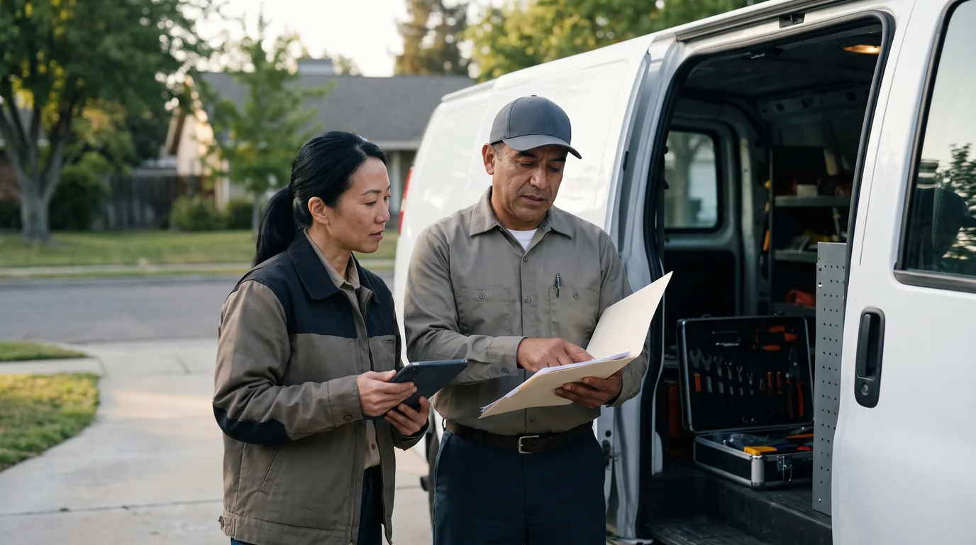 Service-business owner and field technician reviewing a job folder beside an organized service van