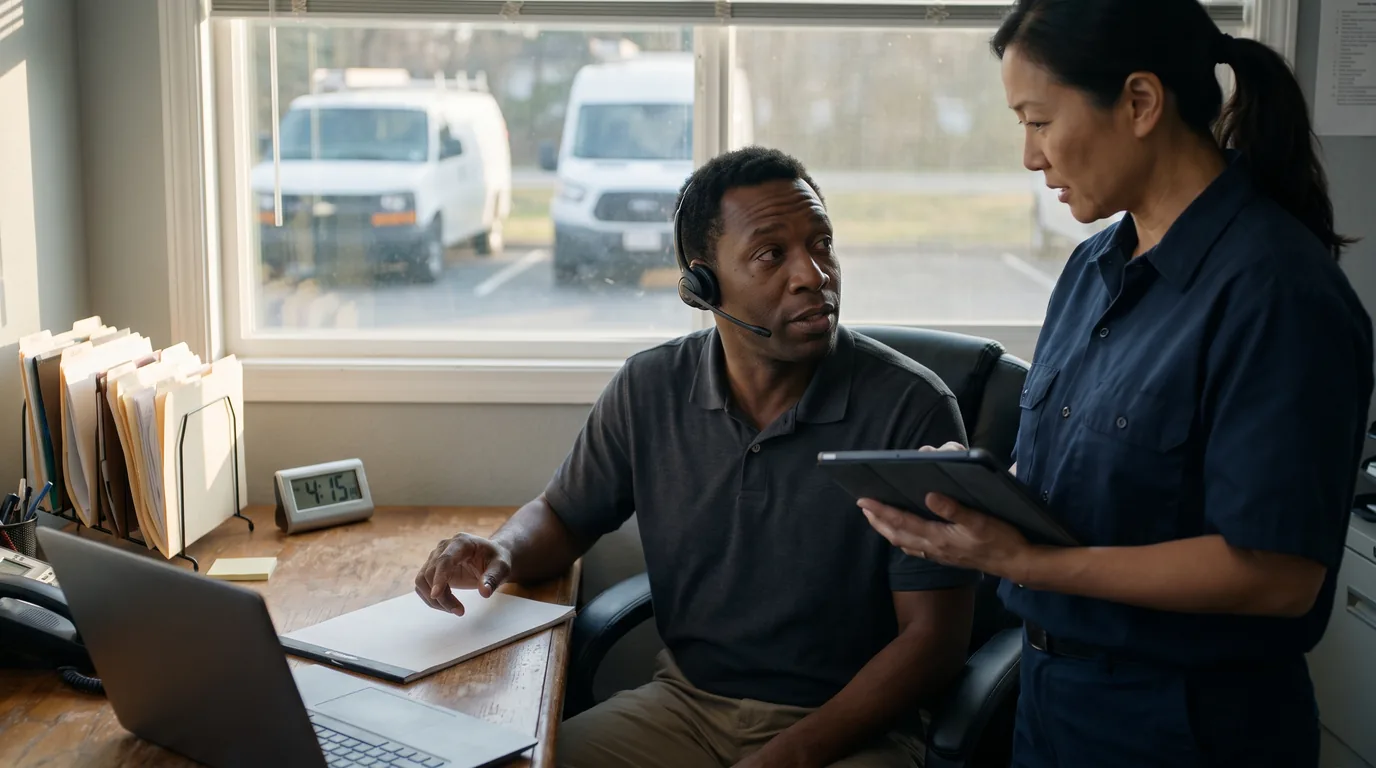 Service dispatcher wearing a headset reviewing job paperwork with a field supervisor in an office overlooking service vans