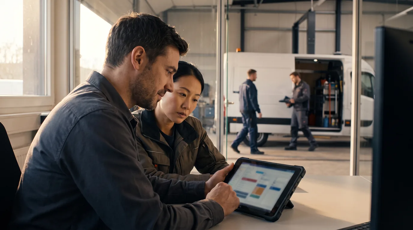 Trade business owner reviewing the day's jobs on a tablet in a service workshop