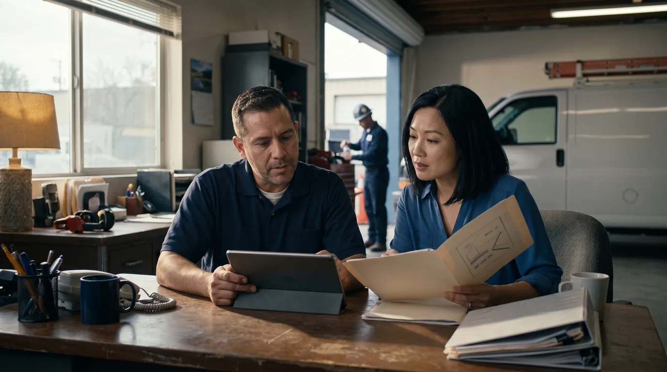 Home service business owner and office manager comparing field service workflows