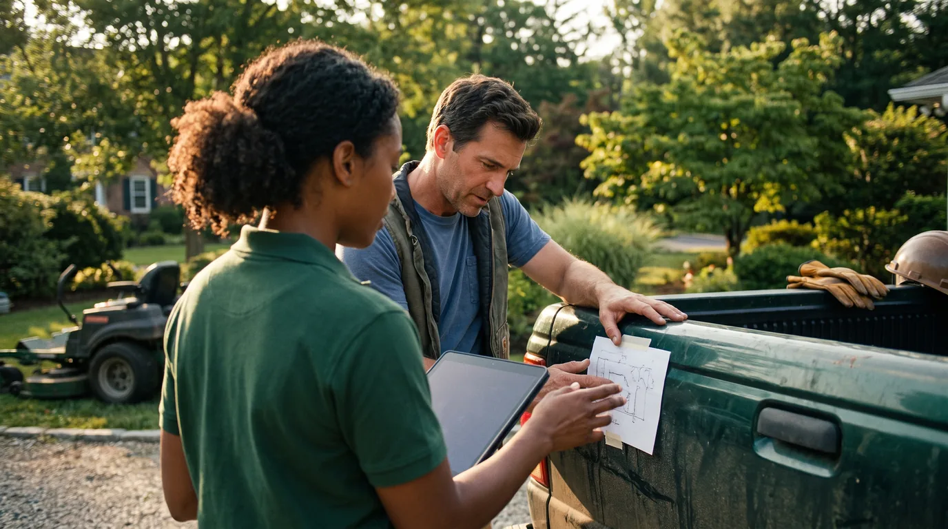Landscaping business owner holding a tablet while reviewing a garden project with a crew lead beside a pickup