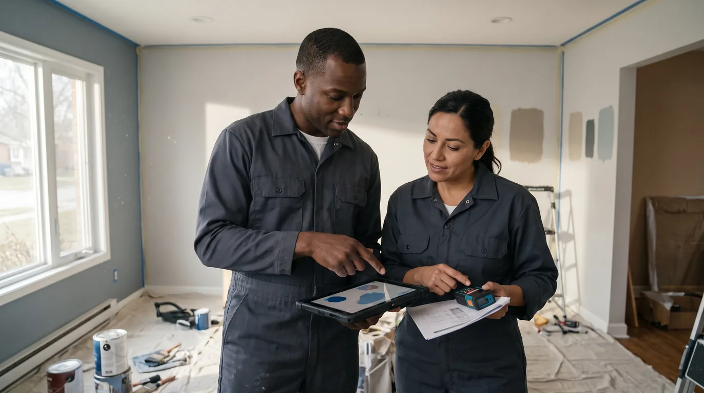 Painting contractor reviewing room measurements and a digital estimate with a crew leader inside a residential renovation