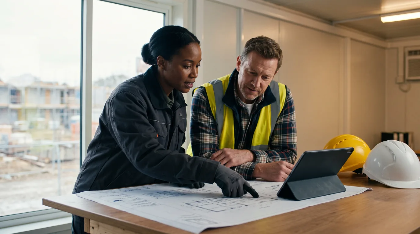 Construction project manager and site supervisor comparing project plans on a tablet in a site office