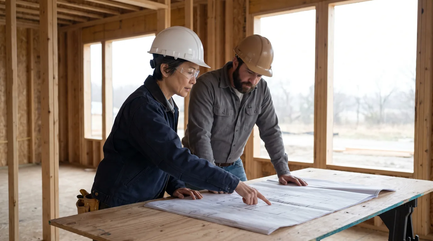 Residential construction manager and site supervisor reviewing floor plans inside a framed house
