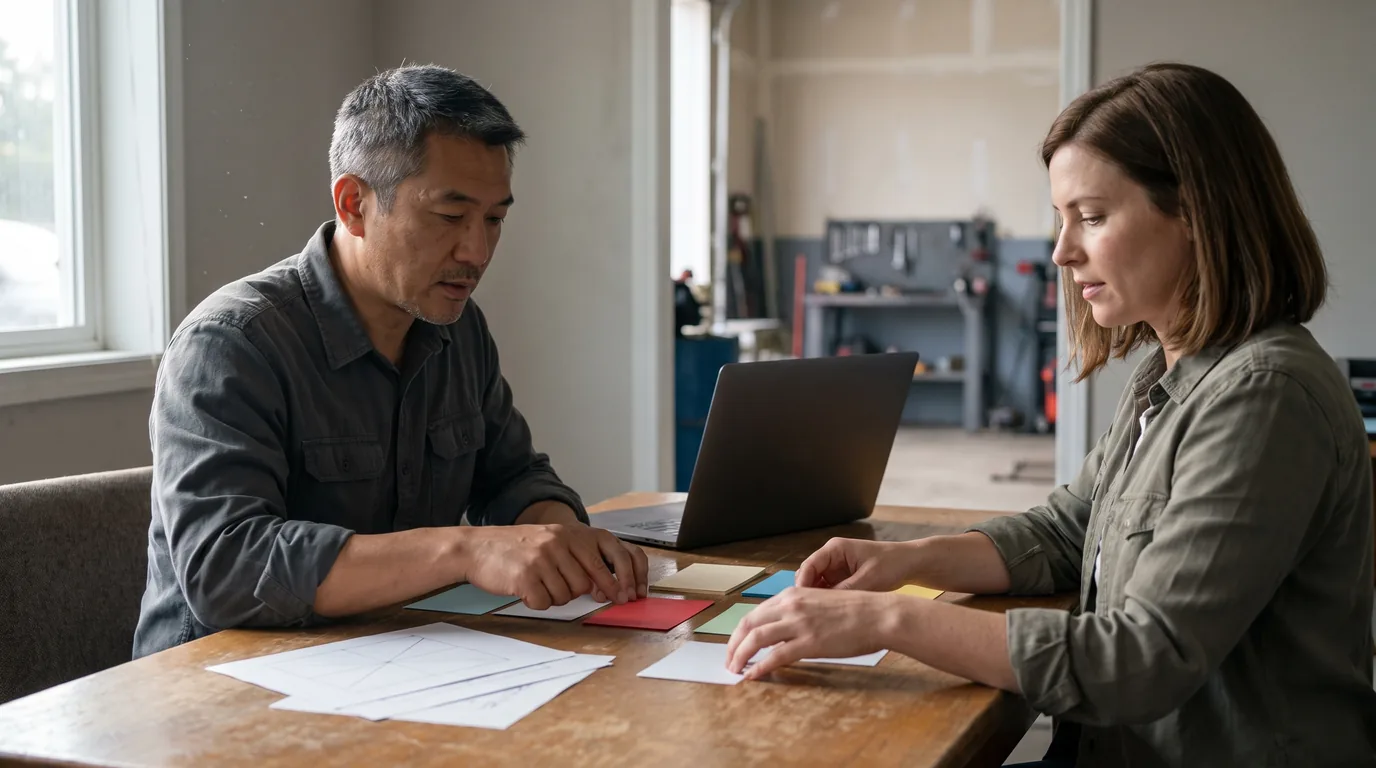 Field service business owner and operations manager planning a CRM migration in a service company office