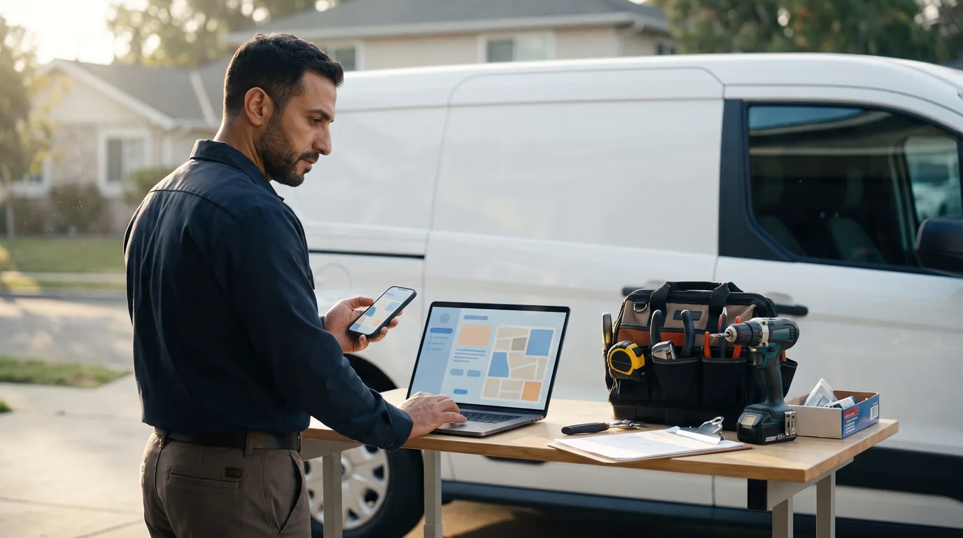 Independent home-service professional comparing local job opportunities and customer requests on a phone and laptop