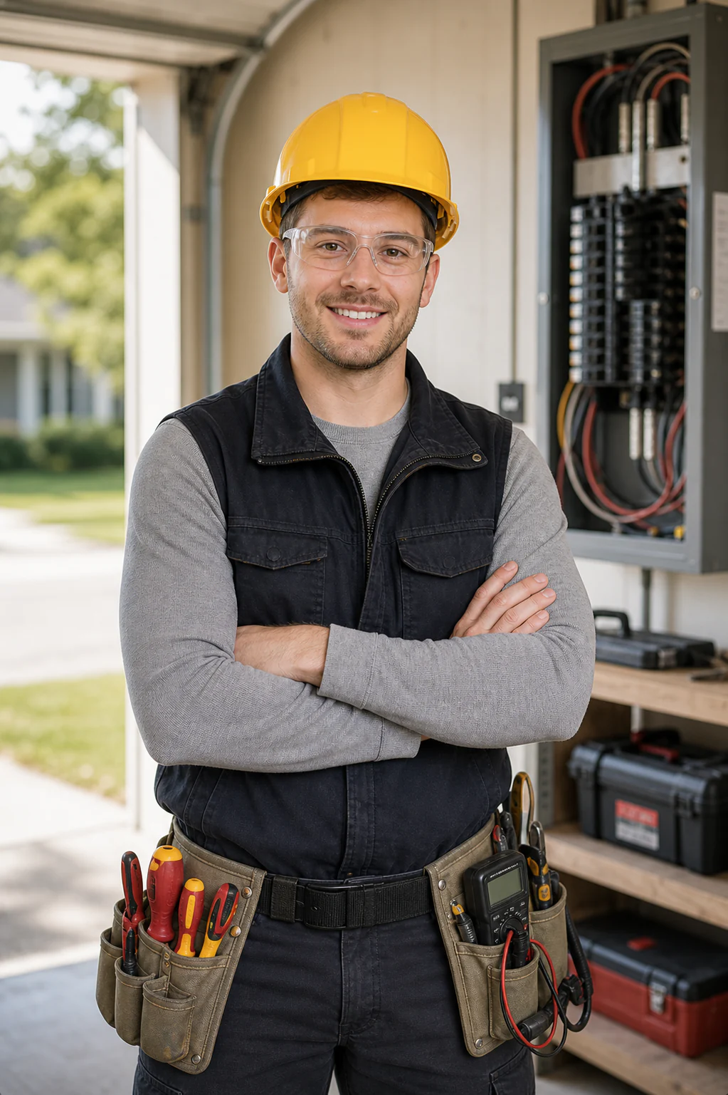 Electrical contractor standing near a residential service panel