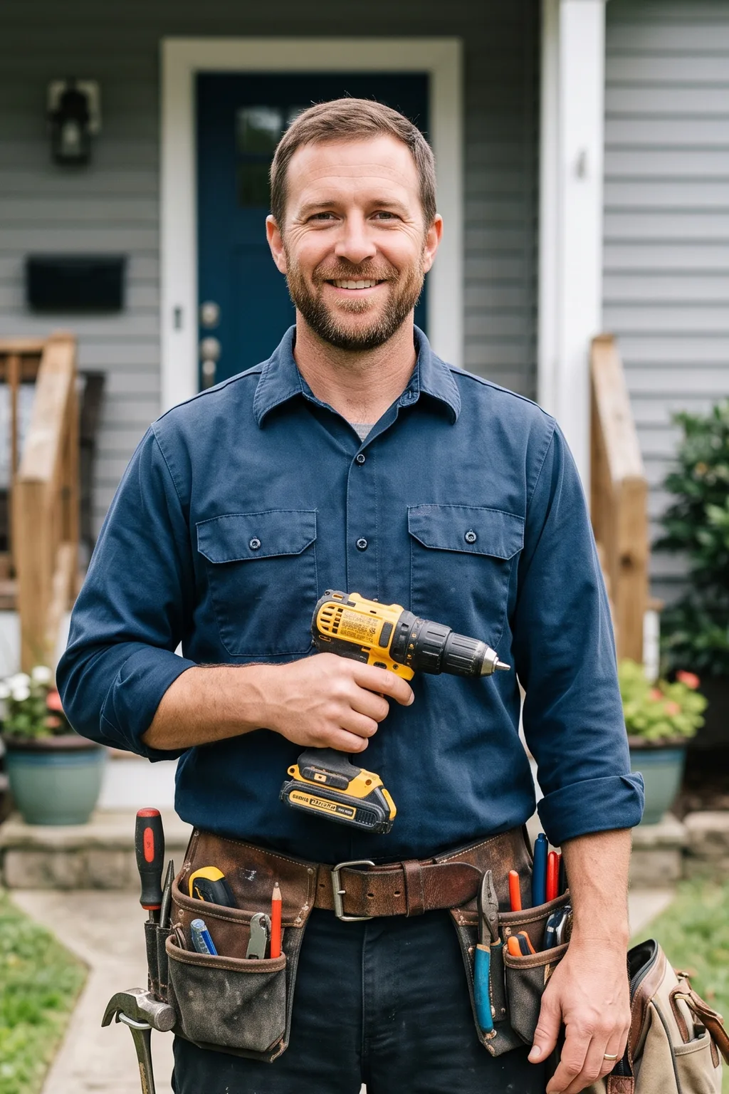 Handyman standing outside a residential home with a tool belt and cordless drill