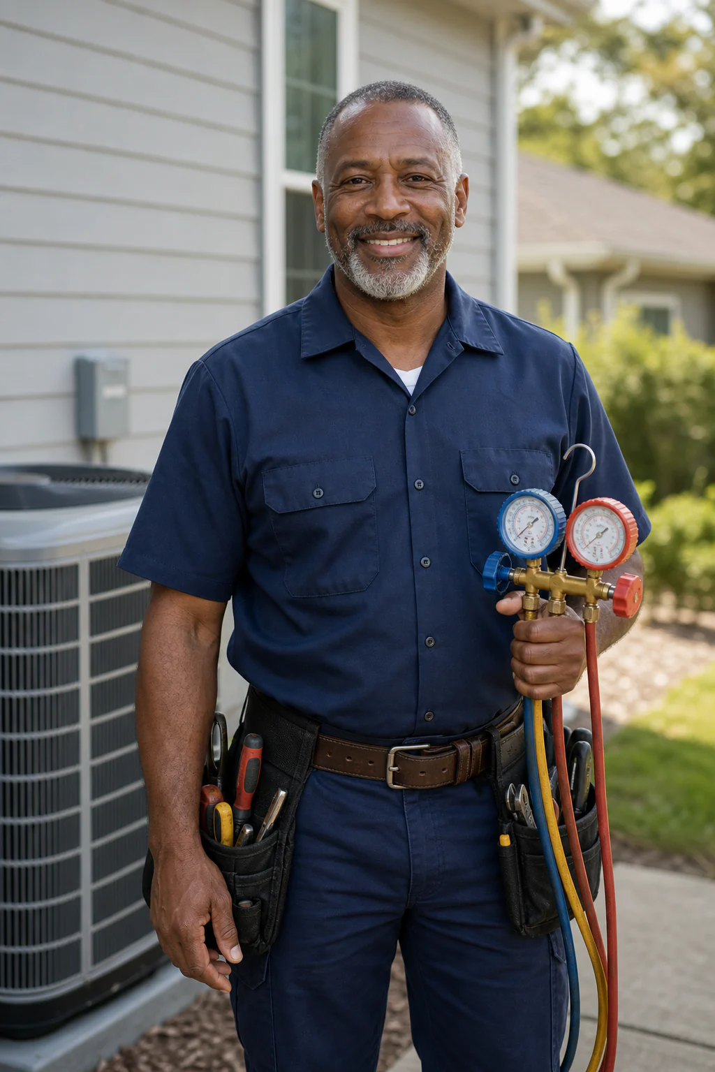 HVAC technician standing outside a residential air conditioning unit