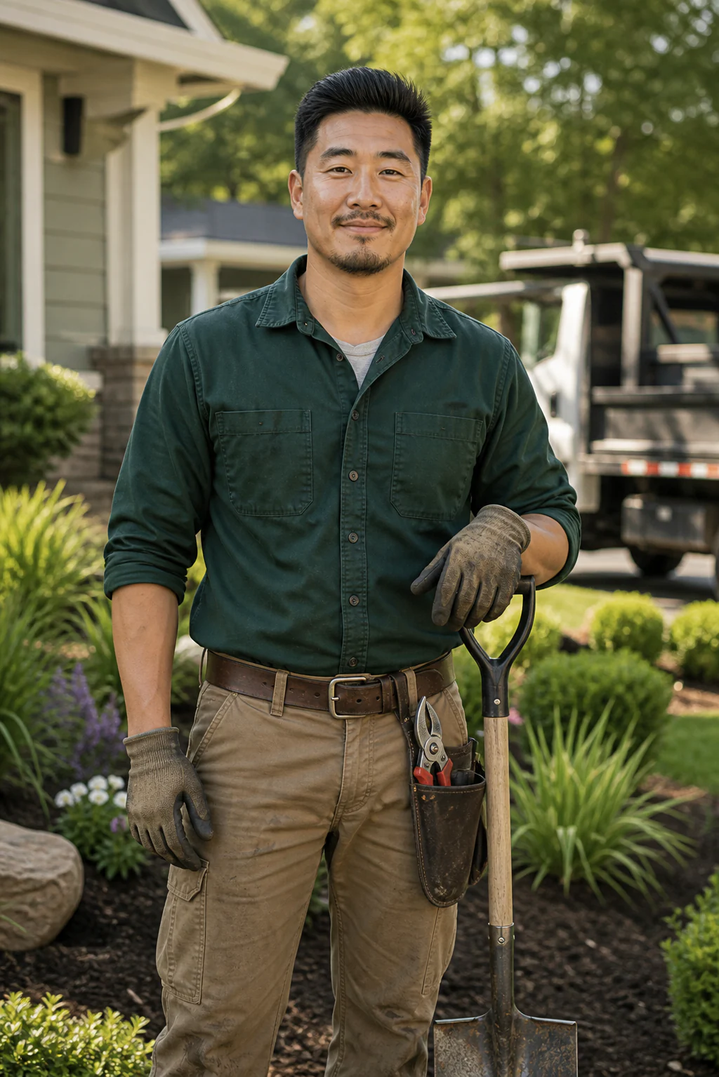 Landscaping professional standing in a finished residential yard