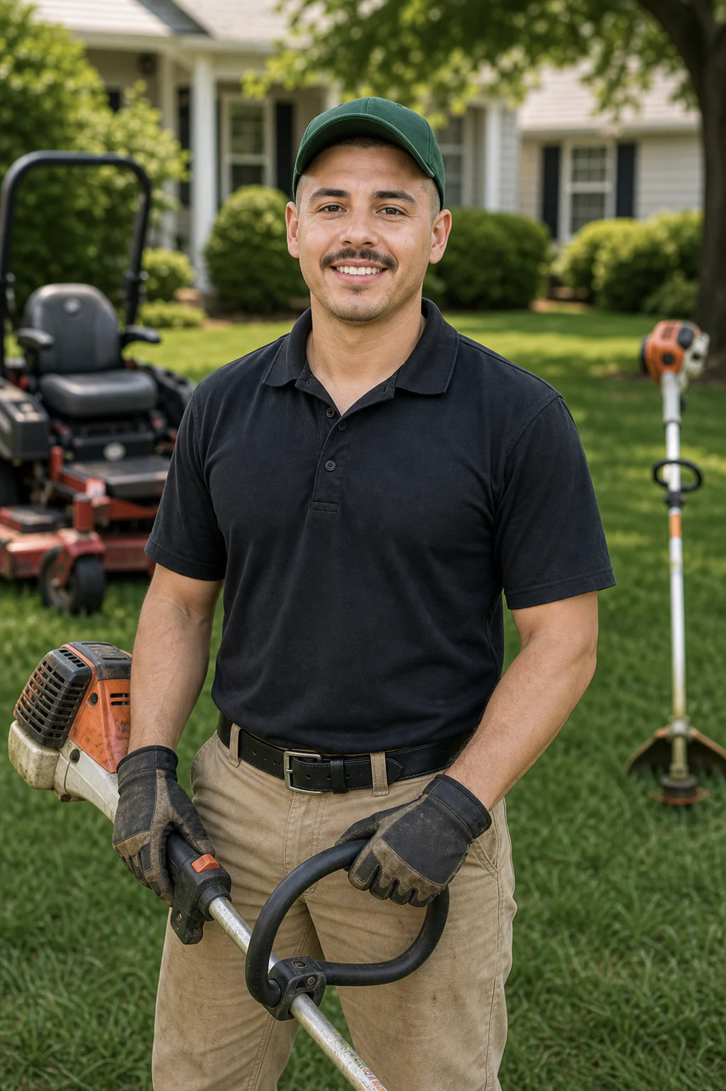 Lawn care professional standing beside mowing equipment in a residential yard
