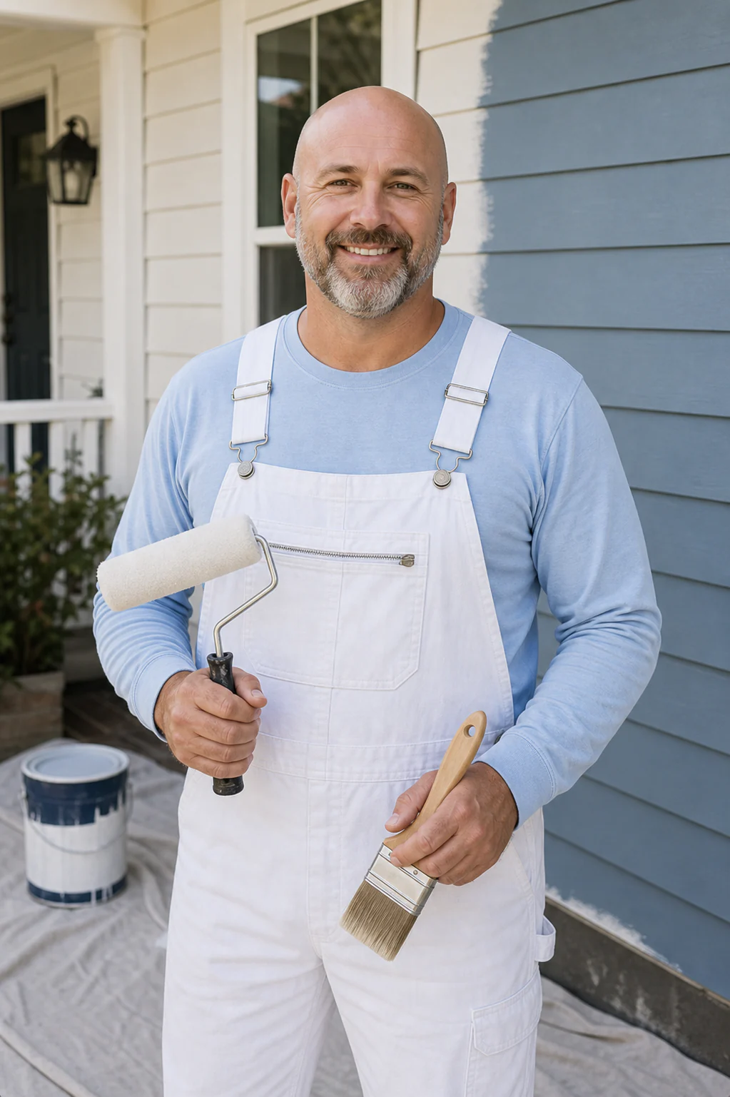 Painting contractor standing outside a home with paint tools