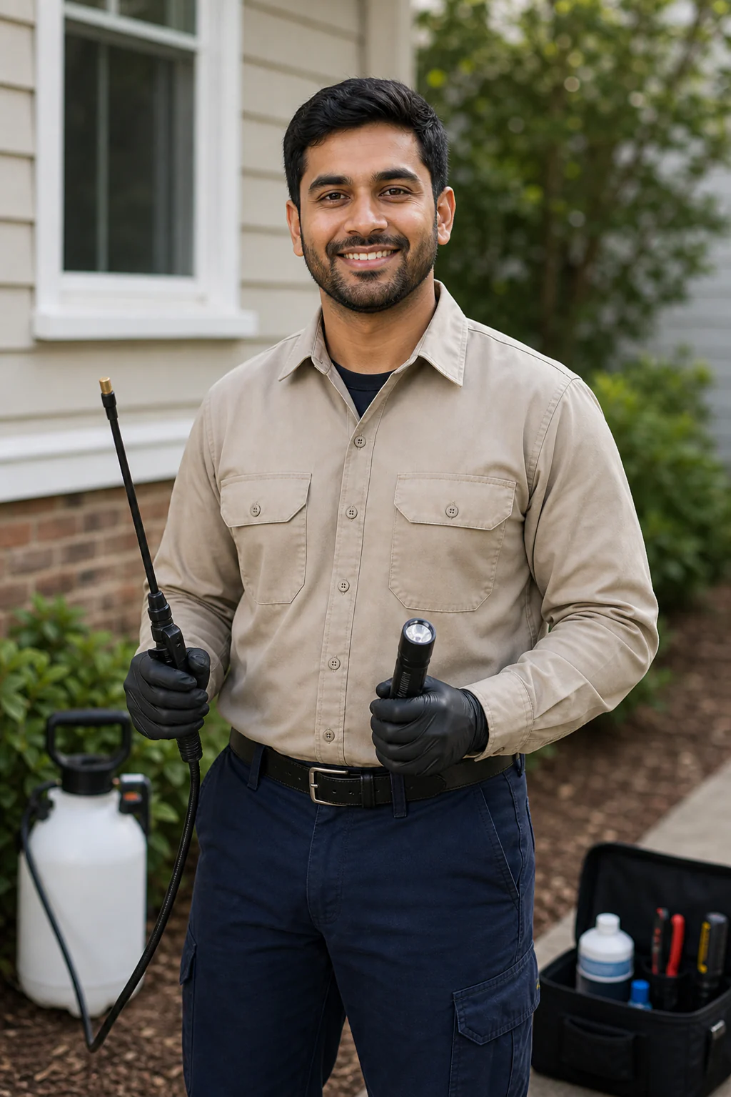 Pest control technician standing outside a residential property with service equipment