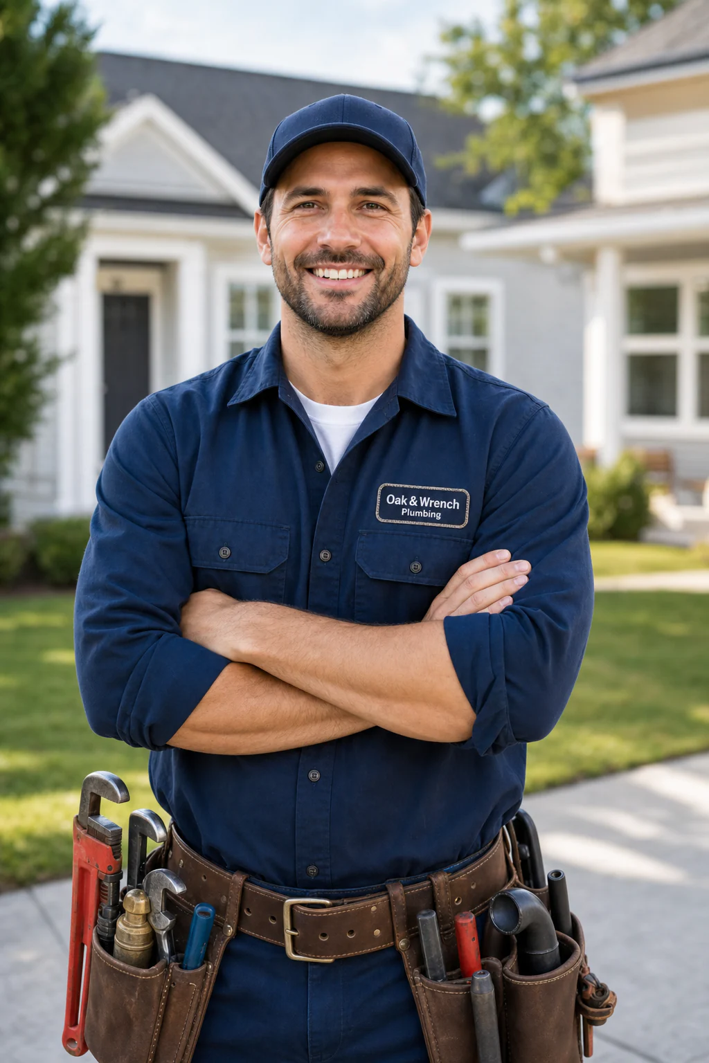 Plumbing professional standing outside a residential home