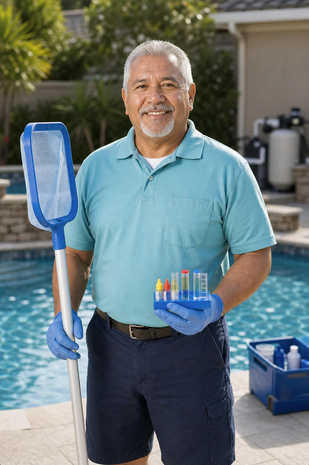 Pool service technician standing beside a clean backyard swimming pool