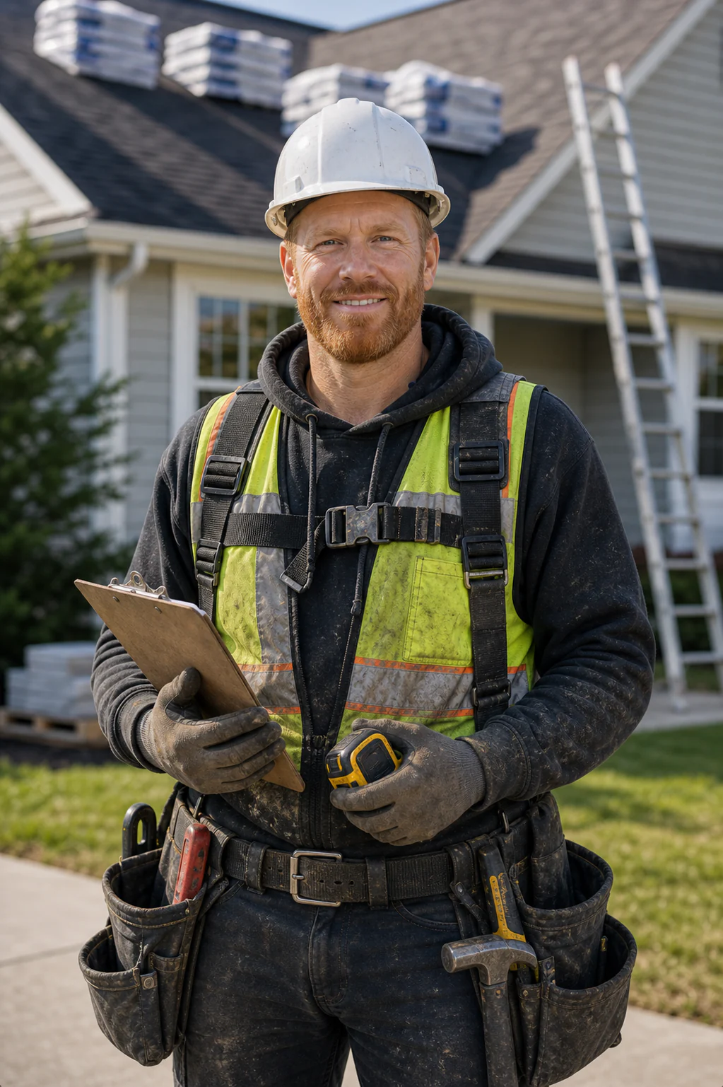 Roofing contractor standing outside a home with roofing tools