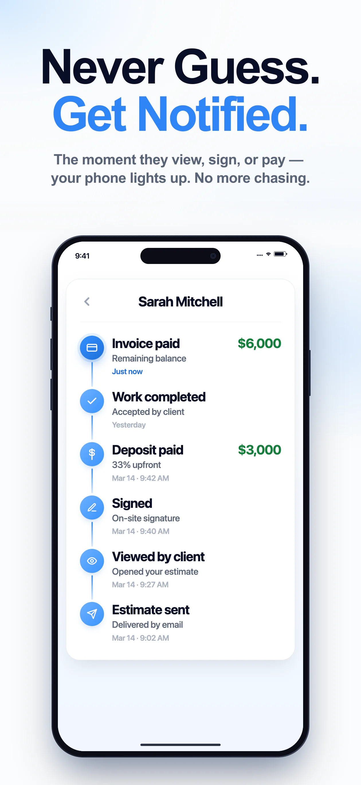 Client activity alerts screen in the Workly app