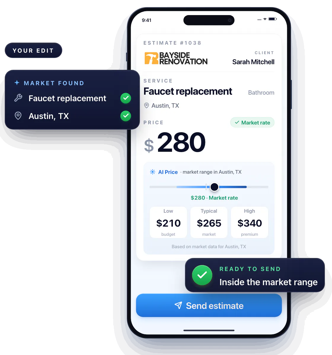 Workly AI Price checks a faucet replacement in Austin, TX, shows the market range from $210 to $340 and marks the pro's $190 as below market; the pro moves the price to $280, inside the range, ready to send.