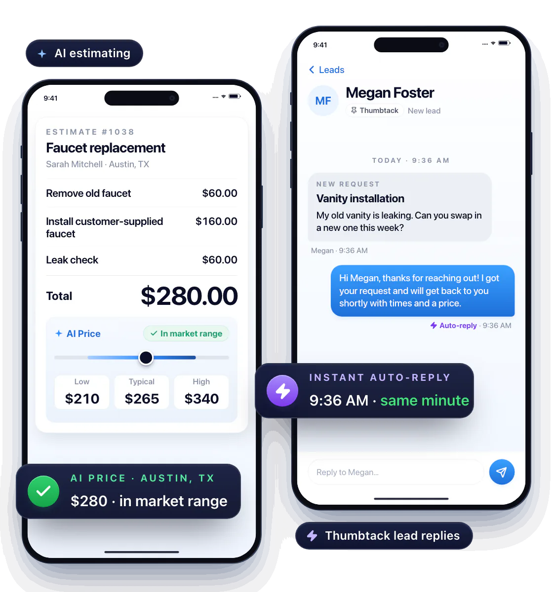 Two Workly screens. AI estimating: Estimate #1038 for a $280.00 faucet replacement, which AI Price places inside the Austin, TX market range of $210 to $340. Thumbtack lead replies: a new lead from Megan Foster at 9:36 AM gets an instant auto-reply at 9:36 AM, the same minute.