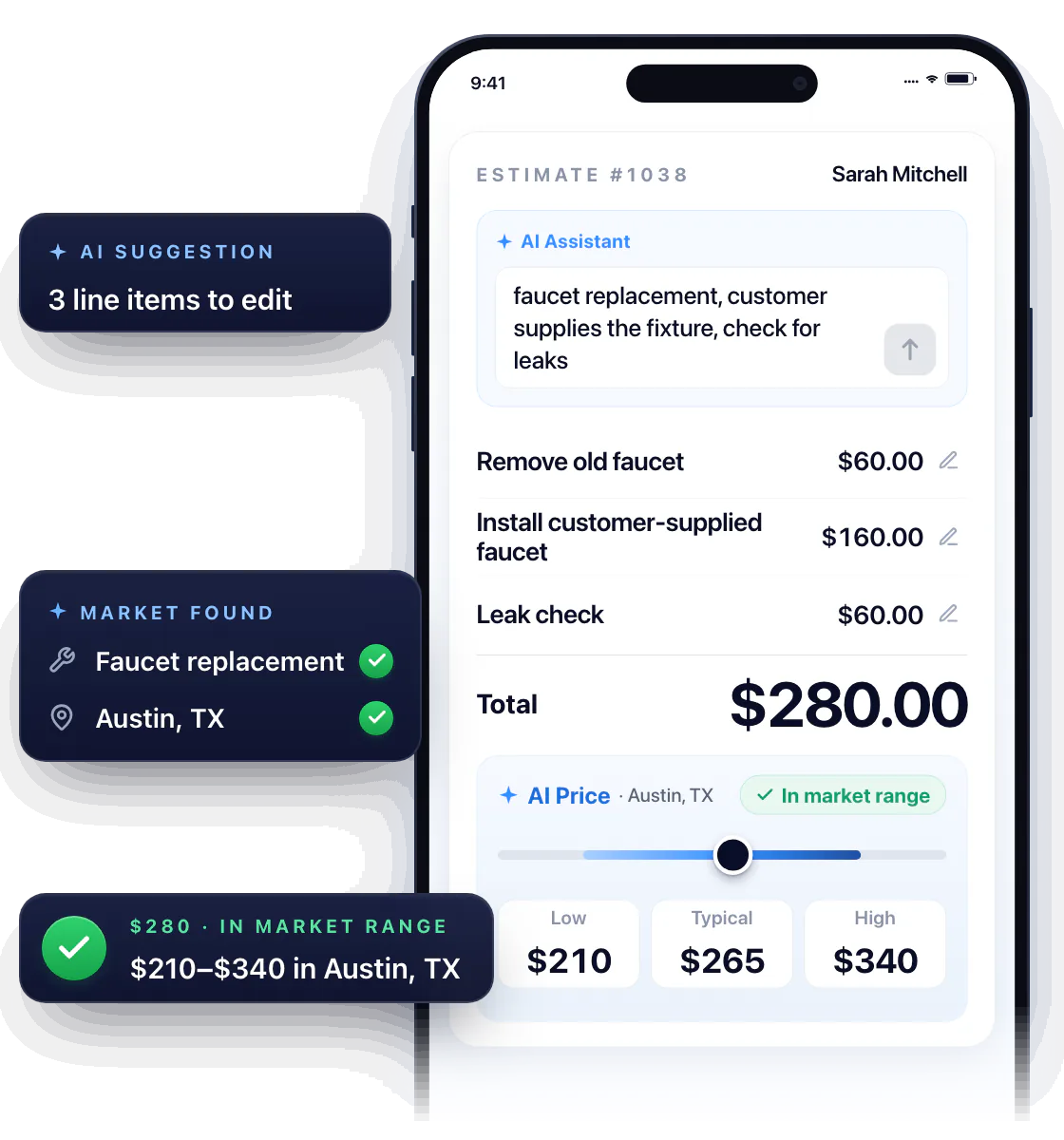 The description “faucet replacement, customer supplies the fixture, check for leaks” goes to the Workly AI Assistant, which drafts three editable lines: Remove old faucet $60.00, Install customer-supplied faucet $160.00 and Leak check $60.00, total $280.00. AI Price then checks the service in Austin, TX and shows the market range, $210 to $340, with the price inside it.