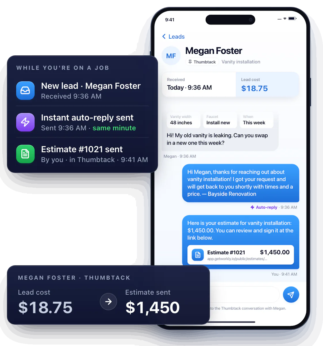 A new Thumbtack lead from Megan Foster for a vanity installation arrives at 9:36 AM and gets an instant auto-reply at 9:36 AM, the same minute. Later the pro sends Estimate #1021 for $1,450 in the Thumbtack conversation, and the lead cost of $18.75 shows next to it.