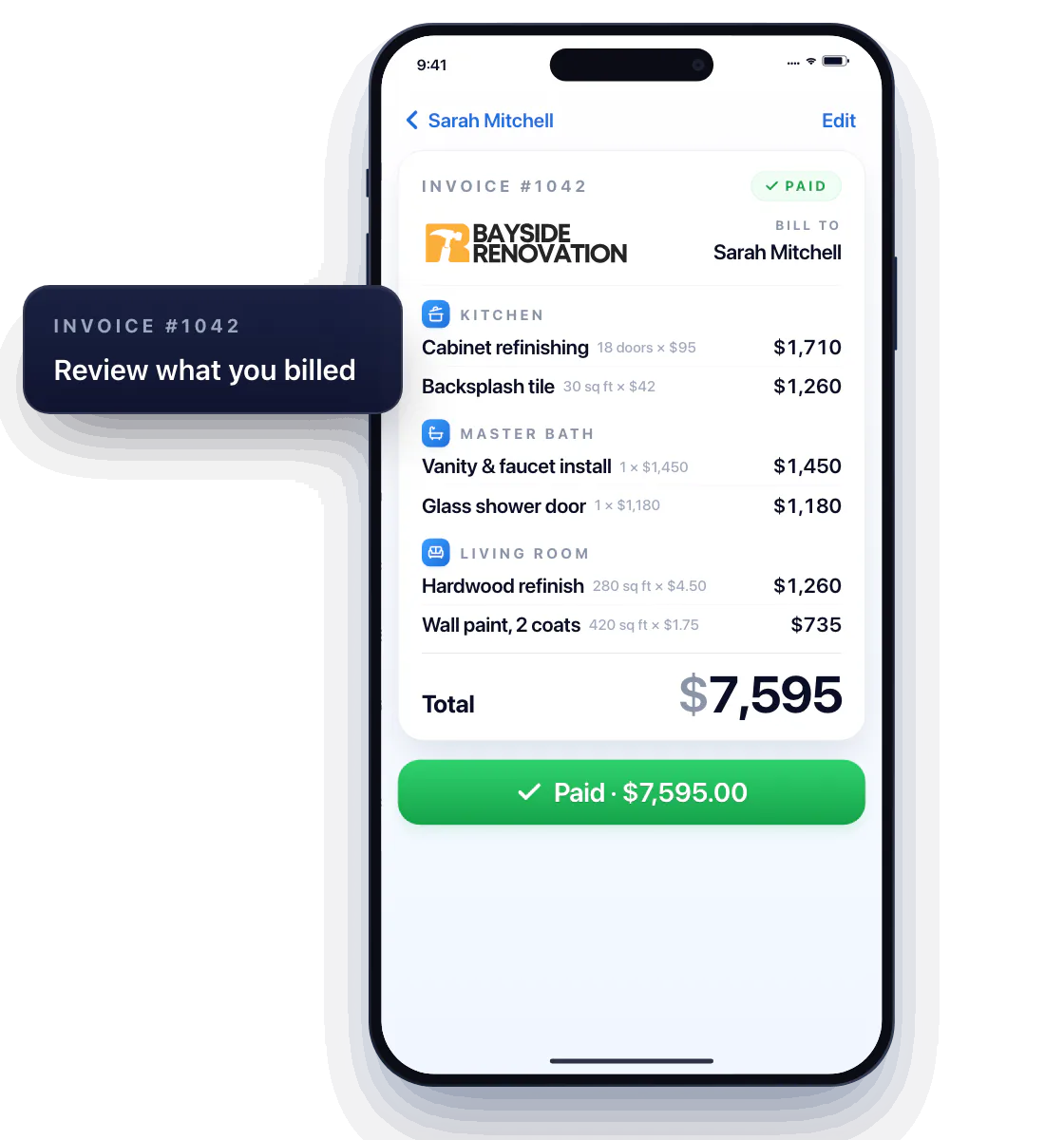 Sarah Mitchell's history in Workly on an iPhone, with her lifetime total at the top: $9,840 over 2 jobs, paid in full. Tapping Estimate #1020 opens it, signed, with its kitchen, master bath and living room lines for $7,595. Back in the history, tapping Invoice #1042 opens the invoice for $7,595, marked Paid.