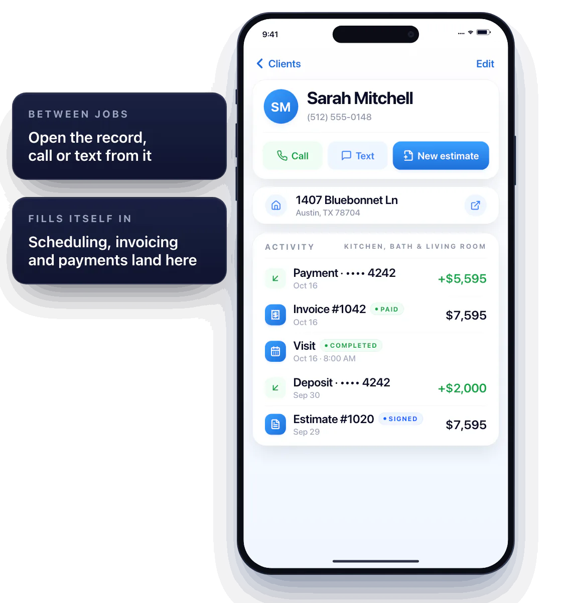 Between jobs, Sarah Mitchell's client record in Workly on an iPhone: her address at 1407 Bluebonnet Ln, Austin, TX, and Call, Text and New estimate buttons. Text sends “On my way, about 20 minutes.” New estimate starts from her record. Then her completed visit, Invoice #1042 paid for $7,595 and the $5,595 payment land in the same record.