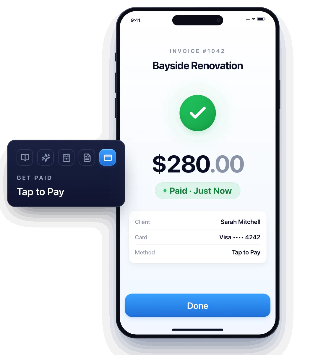 Workly on an iPhone showing Invoice #1042 from Bayside Renovation paid with Tap to Pay: $280.00, Paid · Just Now, Visa ending 4242. Before it the phone swipes through the other tools in the same app: the price book on Estimate #1038 for Sarah Mitchell, AI Price placing $280 in the optimal market range, Tuesday's schedule with four stops on a route map, and the invoice with a Pay Now button. A card beside the phone names each tool: price the job, plan the visits, send the invoice, get paid.