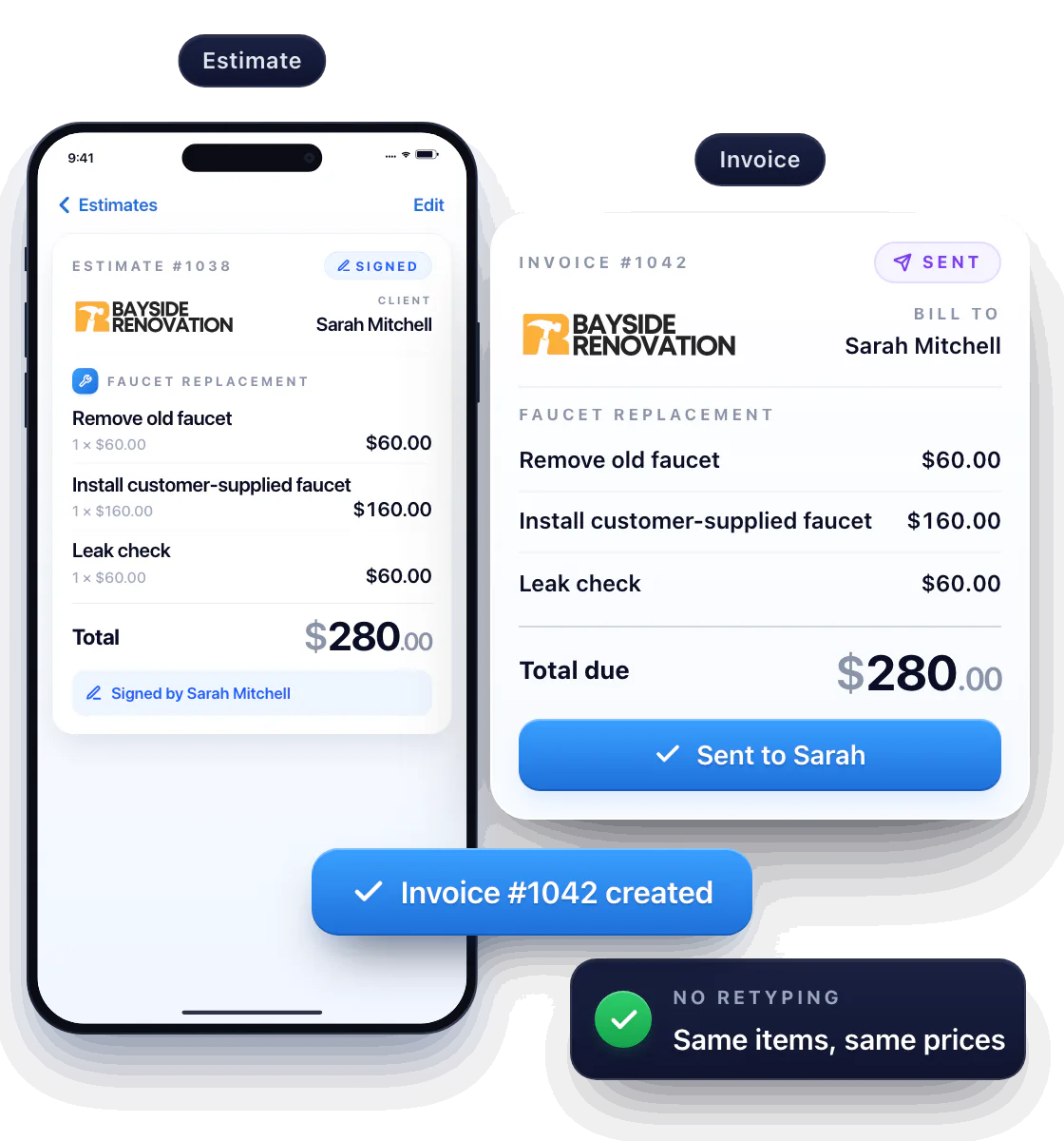 Two views. Estimate: Workly Estimate #1038 for Sarah Mitchell, status Signed, with Remove old faucet $60.00, Install customer-supplied faucet $160.00, Leak check $60.00 and a total of $280.00. One tap on Convert to invoice creates Invoice #1042 with the same three lines and the same $280.00 total, and it is sent.