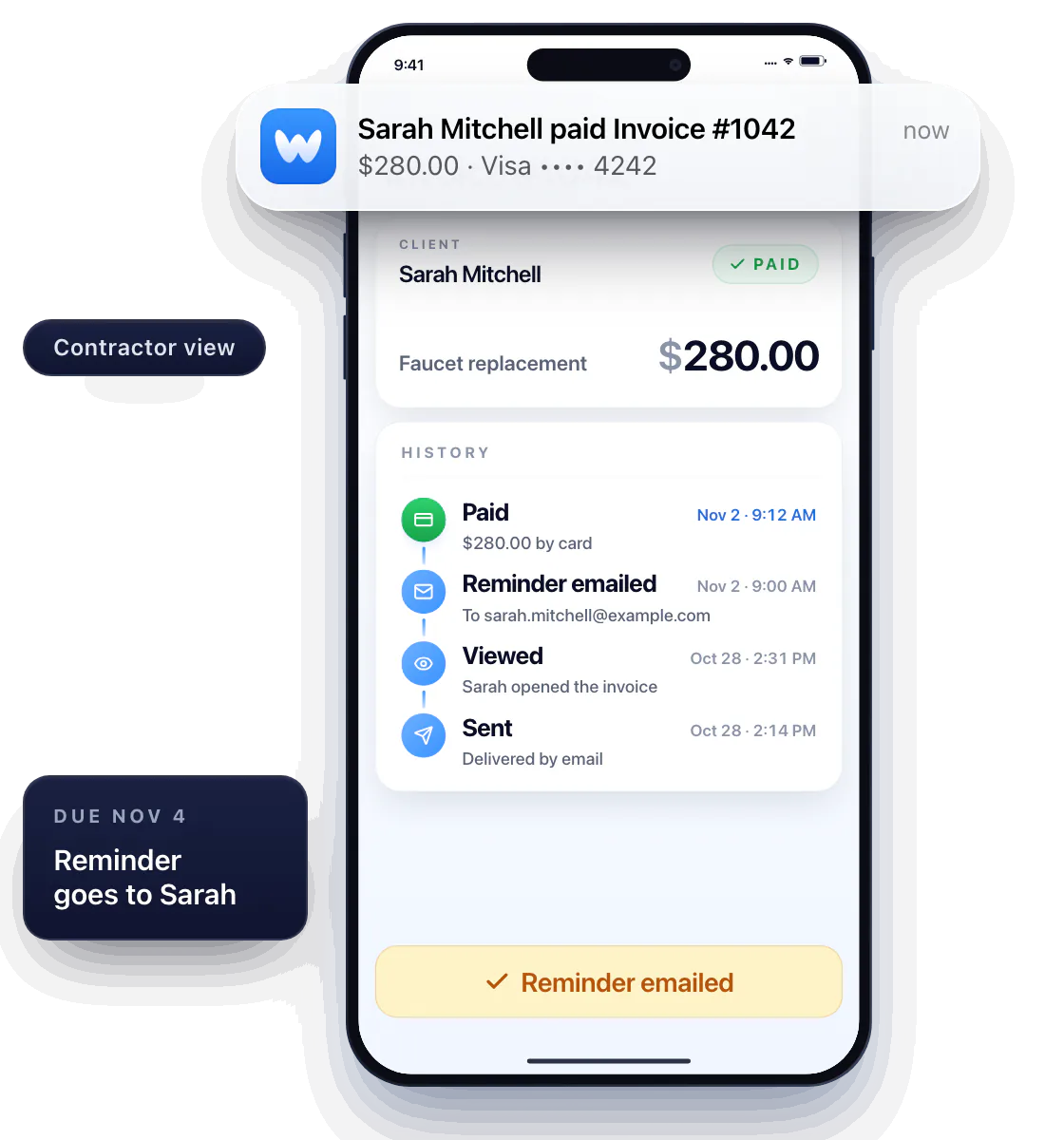 Customer view: Sarah Mitchell opens the email for Invoice #1042 from Bayside Renovation and taps View invoice. Contractor view: a notification says Sarah Mitchell viewed Invoice #1042, the status flips to Viewed, and the history shows Sent Oct 28 at 2:14 PM and Viewed at 2:31 PM. Send reminder emails her on Nov 2, then she pays $280.00 and the status turns Paid.