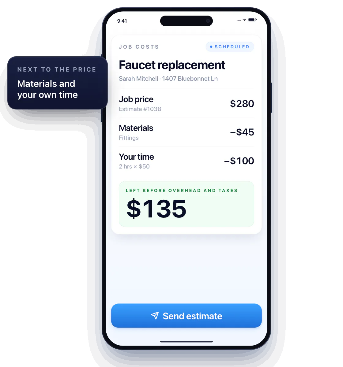 Workly job costs for Sarah Mitchell's faucet replacement: job price $280, materials $45 and your time $100 next to it, leaving $135 before overhead and taxes.