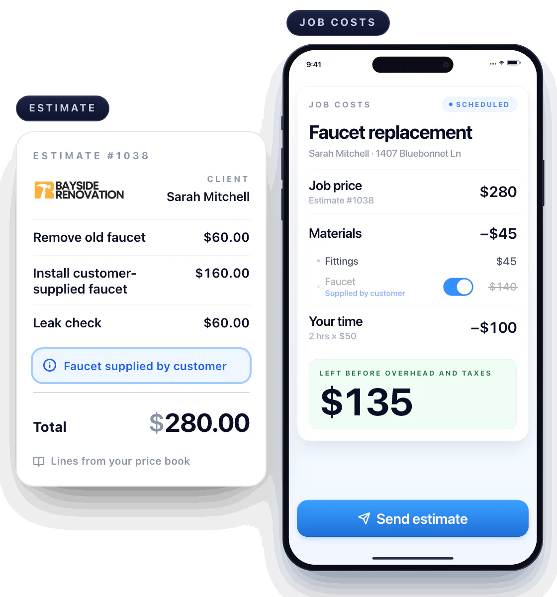 Estimate #1038 for Sarah Mitchell's faucet replacement, $280.00 from price book lines, noting the faucet is supplied by the customer, beside the job's costs: the faucet is switched off, materials drop to $45, your time is $100 for 2 hours, and $135 is left next to the $280 price.
