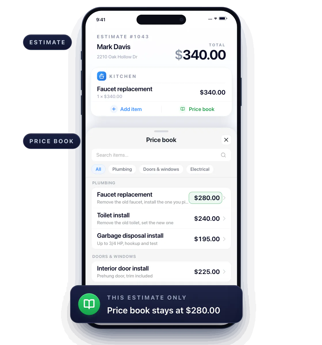 Workly estimate #1043 for Mark Davis with the price book open below. A tap on Faucet replacement adds it to the estimate at $280.00 and the total updates to $280.00. The price is then changed to $340.00 on this estimate only; the total updates to $340.00 and the price book still shows Faucet replacement at $280.00.