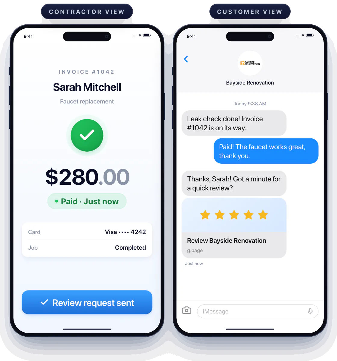 Two iPhones. On the contractor’s phone, Workly shows Invoice #1042 for Sarah Mitchell, $280.00, Paid · Just now, and the Request a review button is tapped: Review request sent. On Sarah’s phone, a message from Bayside Renovation lands right after her thank-you, asking for a quick review, with the review link.