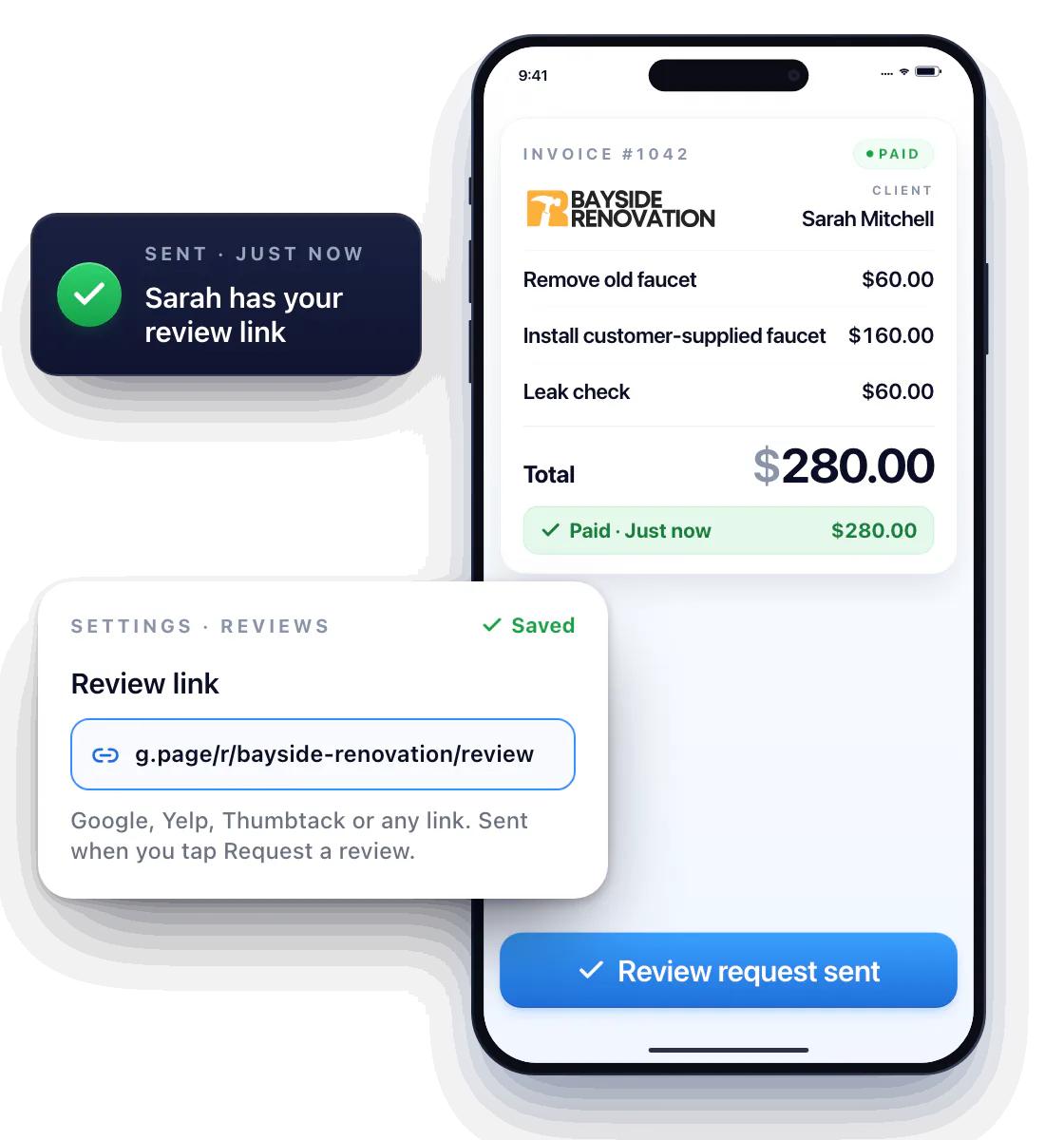 Workly Invoice #1042 for Sarah Mitchell, faucet replacement, $280.00, turns Paid · Just now. A Request a review button appears under it and is tapped: Review request sent, and Sarah has the review link. A settings card shows the Review link field with a Google review link pasted in once.