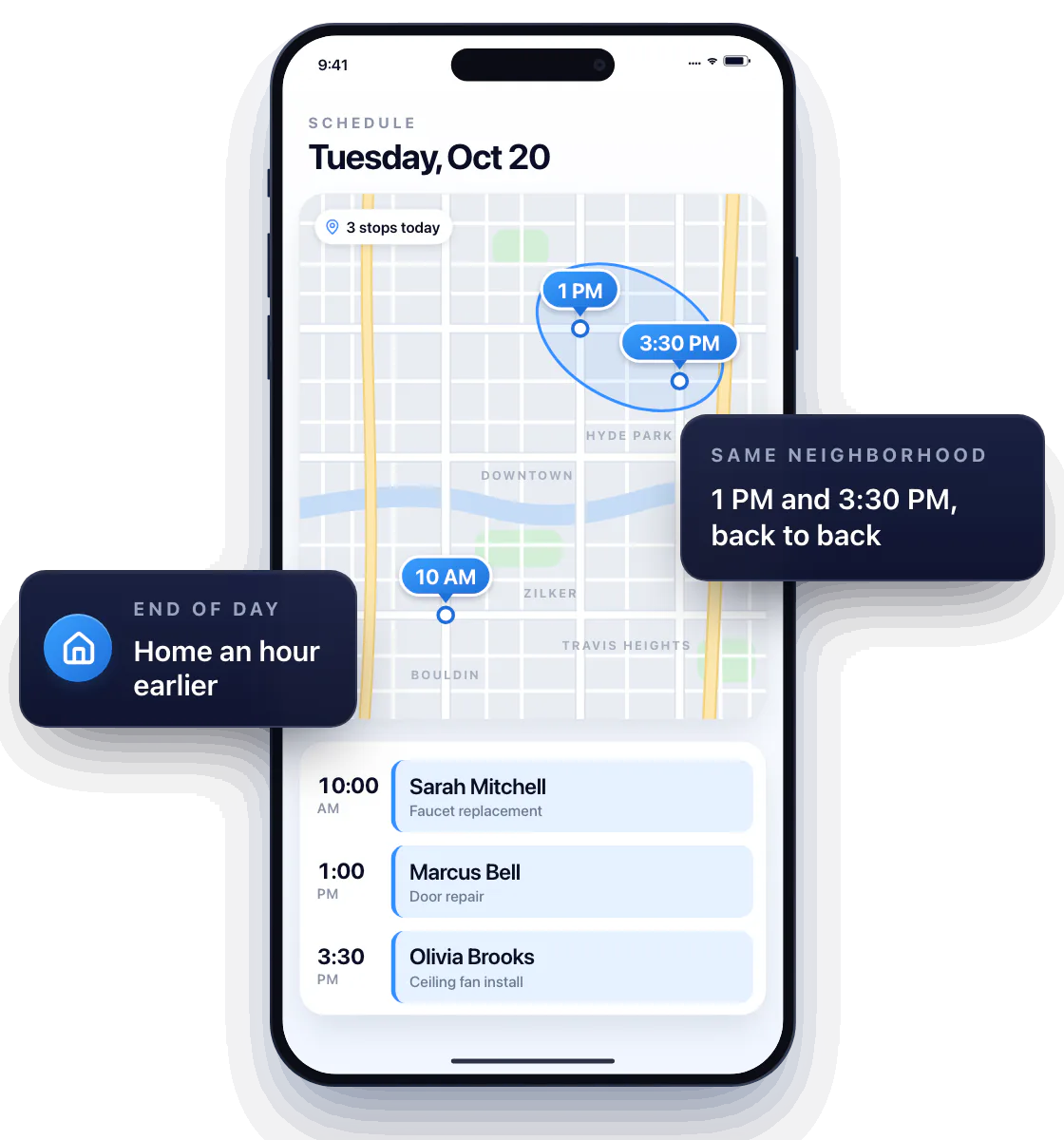 Workly schedule for Tuesday, Oct 20: three visits on the calendar and the same three stops as pins on a map of Austin, labeled 10 AM, 1 PM and 3:30 PM. The 1 PM and 3:30 PM stops sit close together in Hyde Park and are booked back to back; the 10 AM stop is across the river.