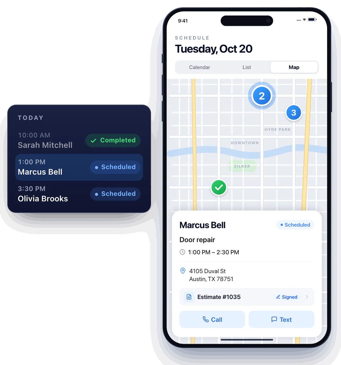 Workly map for Tuesday, Oct 20 with three stops and a Today list. The next stop, Marcus Bell, is tapped and its card shows Door repair at 1:00 PM, status Scheduled, 4105 Duval St, Austin, TX 78751, signed Estimate #1035, and Call and Text buttons. Sarah Mitchell's 10:00 AM job turns from In progress to Completed; Marcus Bell and Olivia Brooks stay Scheduled.