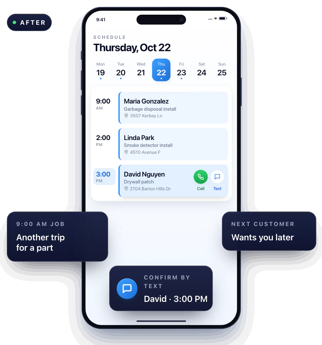 Workly schedule for Thursday, Oct 22. The 9:00 AM garbage disposal install needs another trip for a part and the next customer wants a later visit. David Nguyen’s drywall patch moves from 1:00 PM to 3:00 PM, the day re-sorts so Linda Park’s 2:00 PM visit comes first, and the Call and Text buttons on his visit confirm the new time.