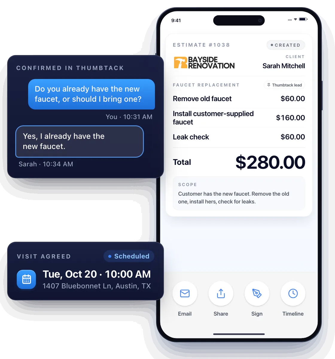 In the Thumbtack conversation Sarah Mitchell confirms she already has the new faucet. The pro prepares Workly Estimate #1038 from those details: Remove old faucet $60.00, Install customer-supplied faucet $160.00 and Leak check $60.00, total $280.00, with the scope noted: the customer has the new faucet. Then the visit is agreed for Tue, Oct 20 at 10:00 AM at 1407 Bluebonnet Ln, Scheduled.