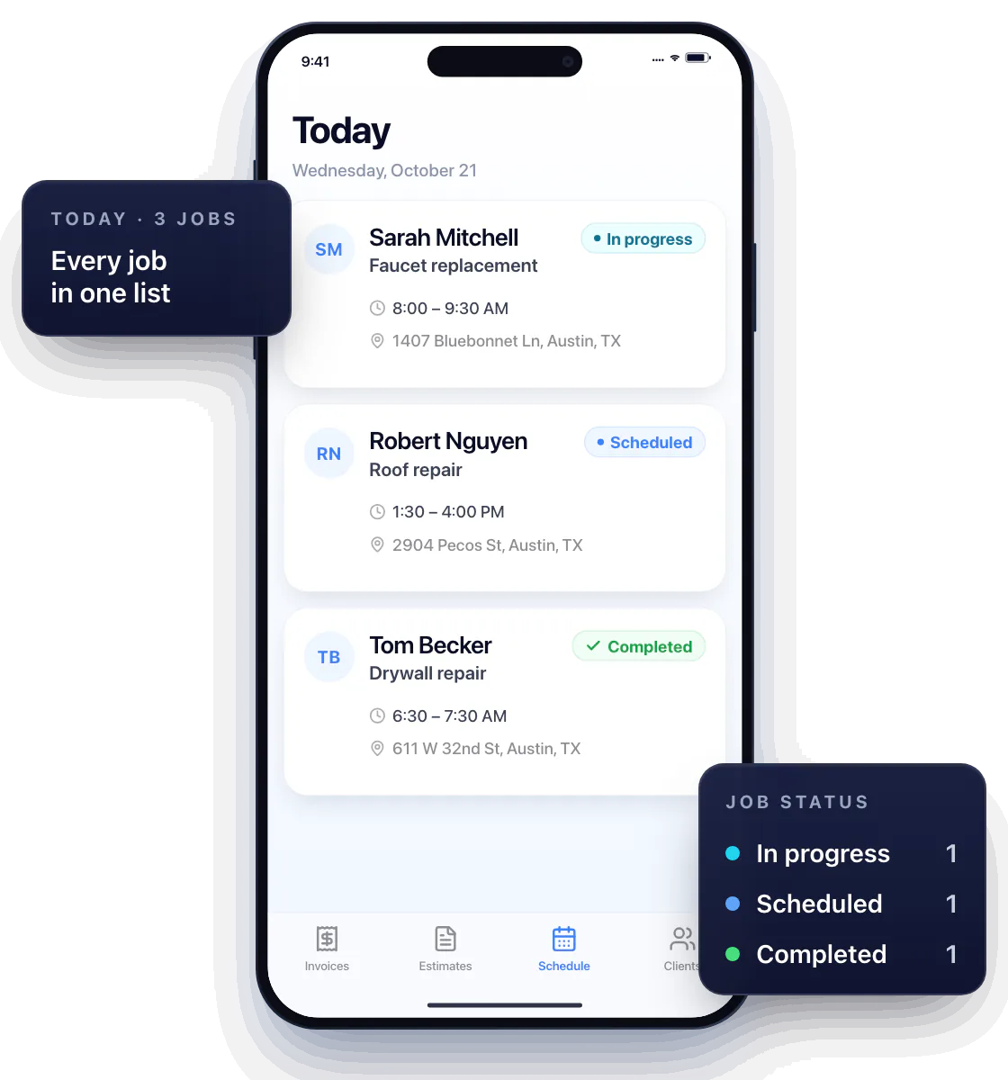 Today’s jobs in Workly on an iPhone, one list with a status on each: Sarah Mitchell, faucet replacement at 1407 Bluebonnet Ln, In progress; Robert Nguyen, roof repair at 2904 Pecos St, Scheduled; Tom Becker, drywall repair at 611 W 32nd St, Completed. A card counts 1 in progress, 1 scheduled and 1 completed.