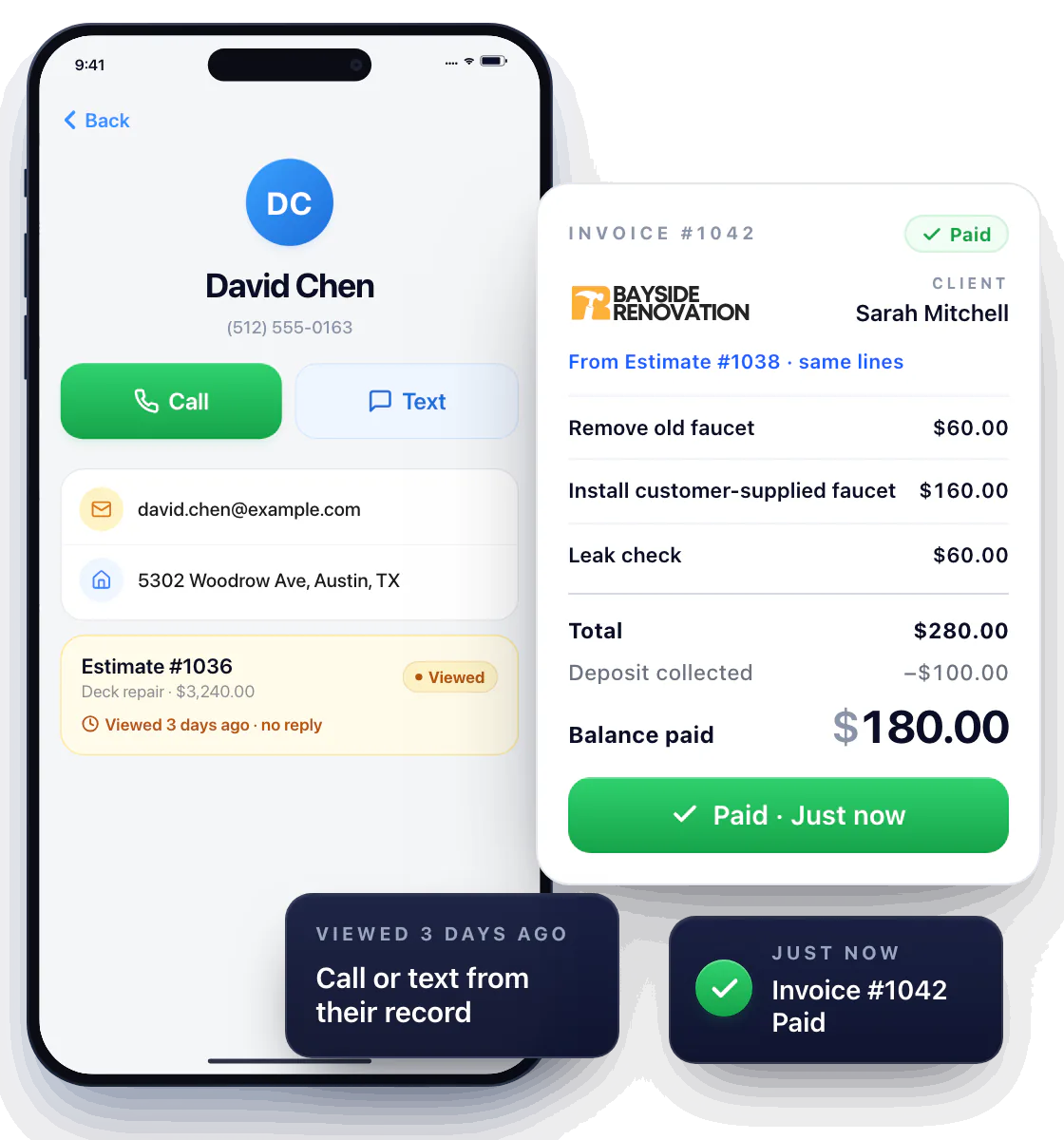 Left, an iPhone shows one Workly list of estimates and invoices, each with a status: Sent, Viewed, Signed, Deposit collected, Paid. David Chen’s Estimate #1036 has been Viewed for 3 days; a tap opens his record and its Call button. Right, Sarah Mitchell’s Invoice #1042, converted from Estimate #1038 with the same lines, totaling $280.00 with a $100.00 deposit collected, is paid through its Pay Now button and turns Paid.